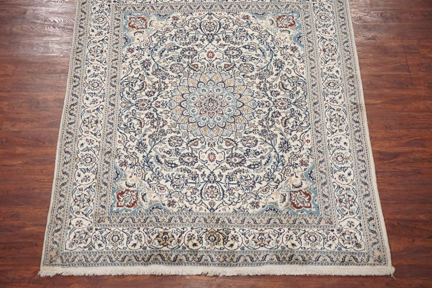 6X8 Ivory Wool and Silk Persian Naein Area Rug