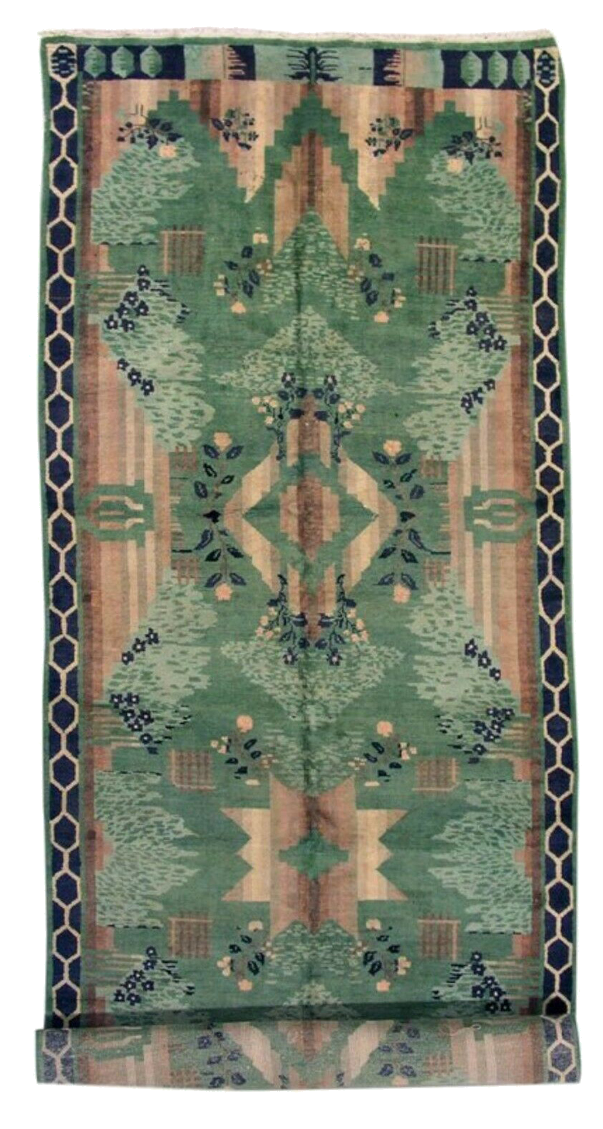 6X18 Green Antique European Art Deco Rug, circa 1920