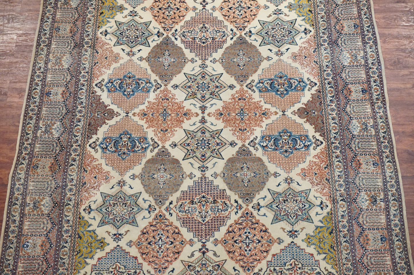6X9 Ivory Wool and Silk Persian Naein Area Rug, circa 1970